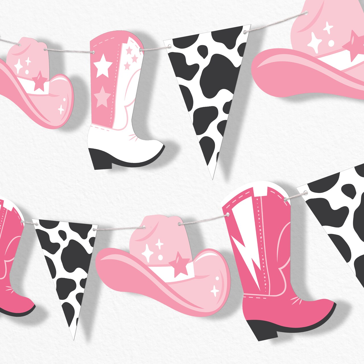 Big Dot of Happiness Rodeo Cowgirl Garland Banner, Pink Western Party Decorations Banner, 30 Feet of Cord, 15 Double-Sided Pink Cowgirl Hat, Boots, Cow Print Pennant